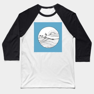 Female Surfer Riding the Wave with a blue background Baseball T-Shirt